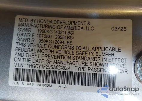 2025 Honda Accord Lx z USA, uszkodzony, nr VIN 1HGCY1F29SA024929